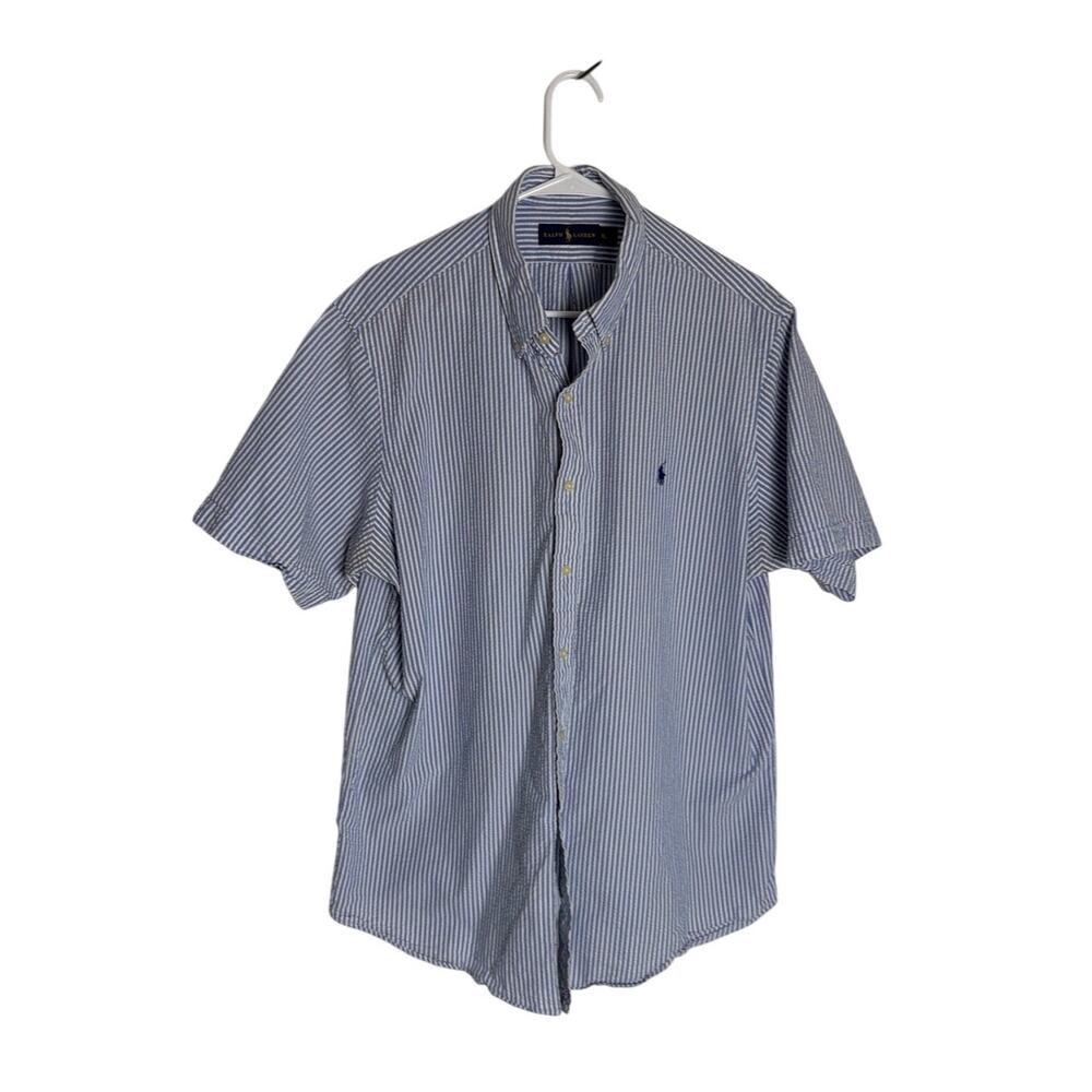 Ralph Lauren Men XL Short Sleeve Striped Button Down Shirt Blue White Logo